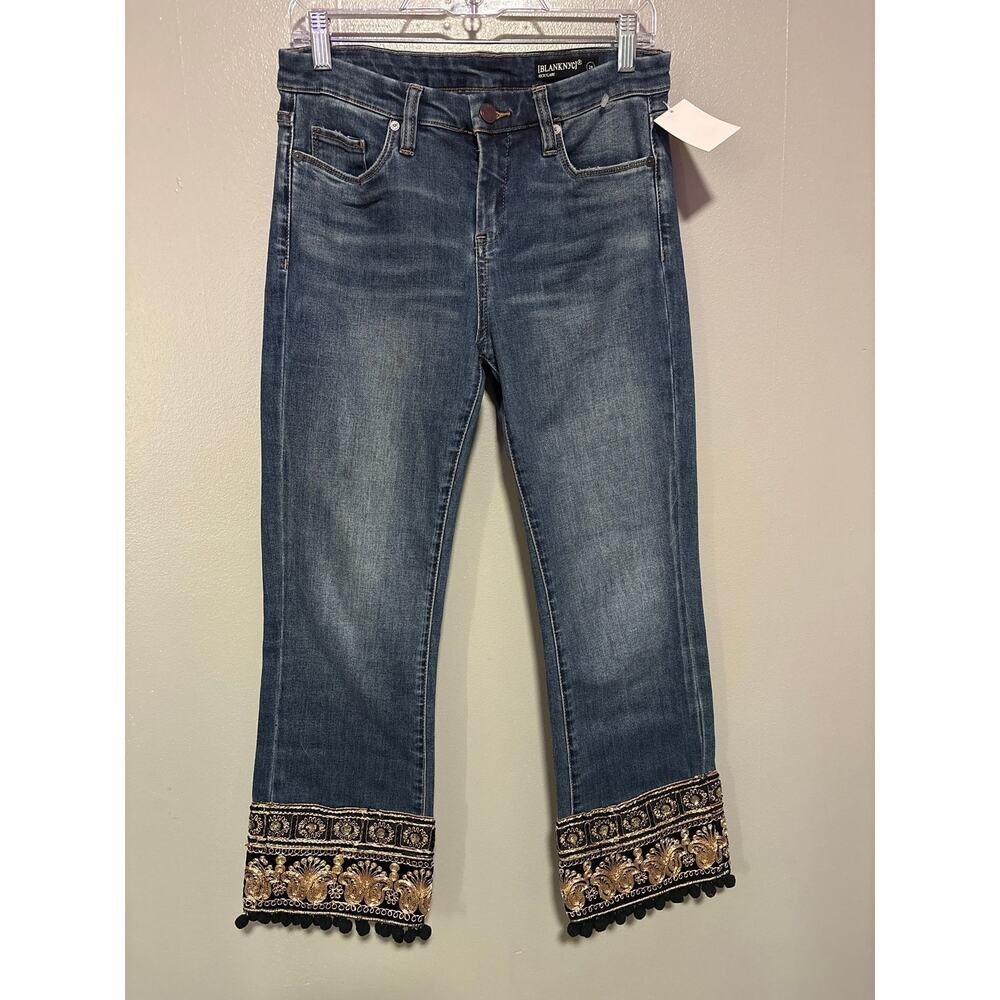 Blank NYC Kick Flare Jeans Embroidered Hem Cropped Dark Wash Size 28 Boho Denim